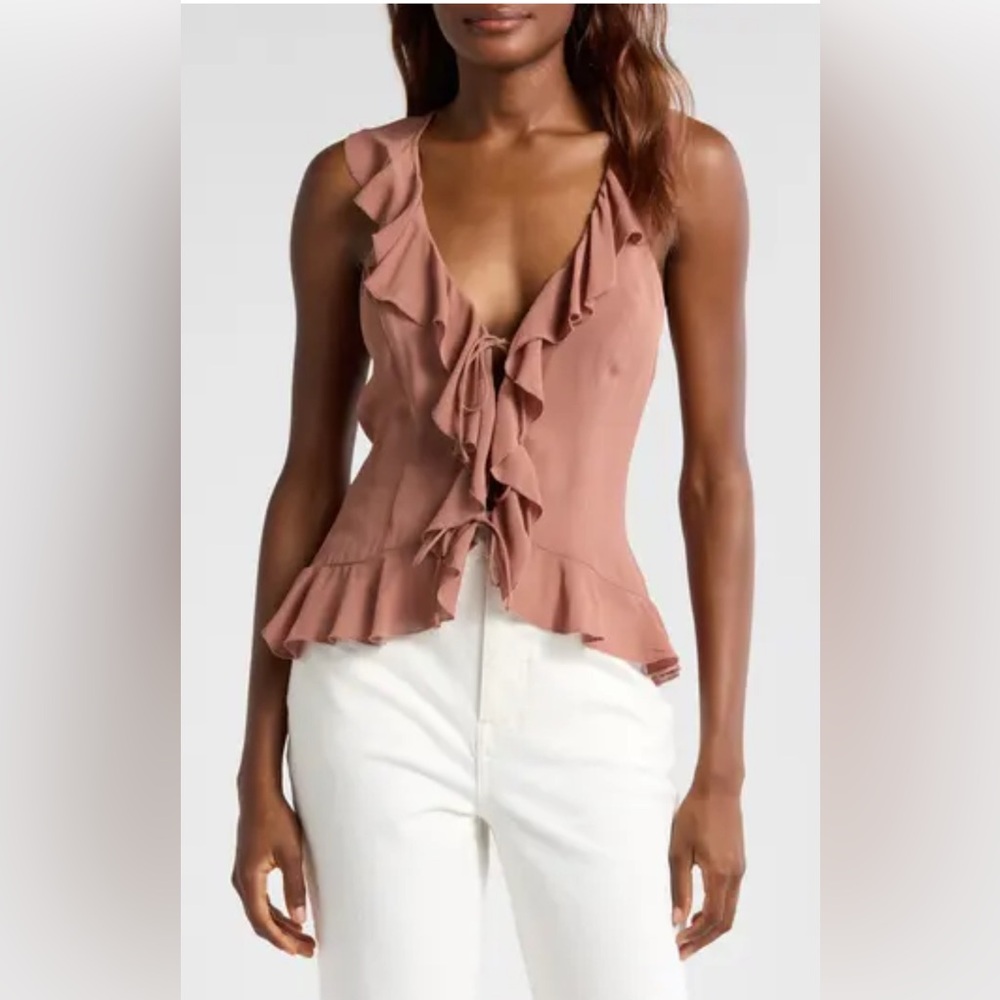 New! Reformation Paulette Ruffle Tie Front Tank Mink Sz 8 $168